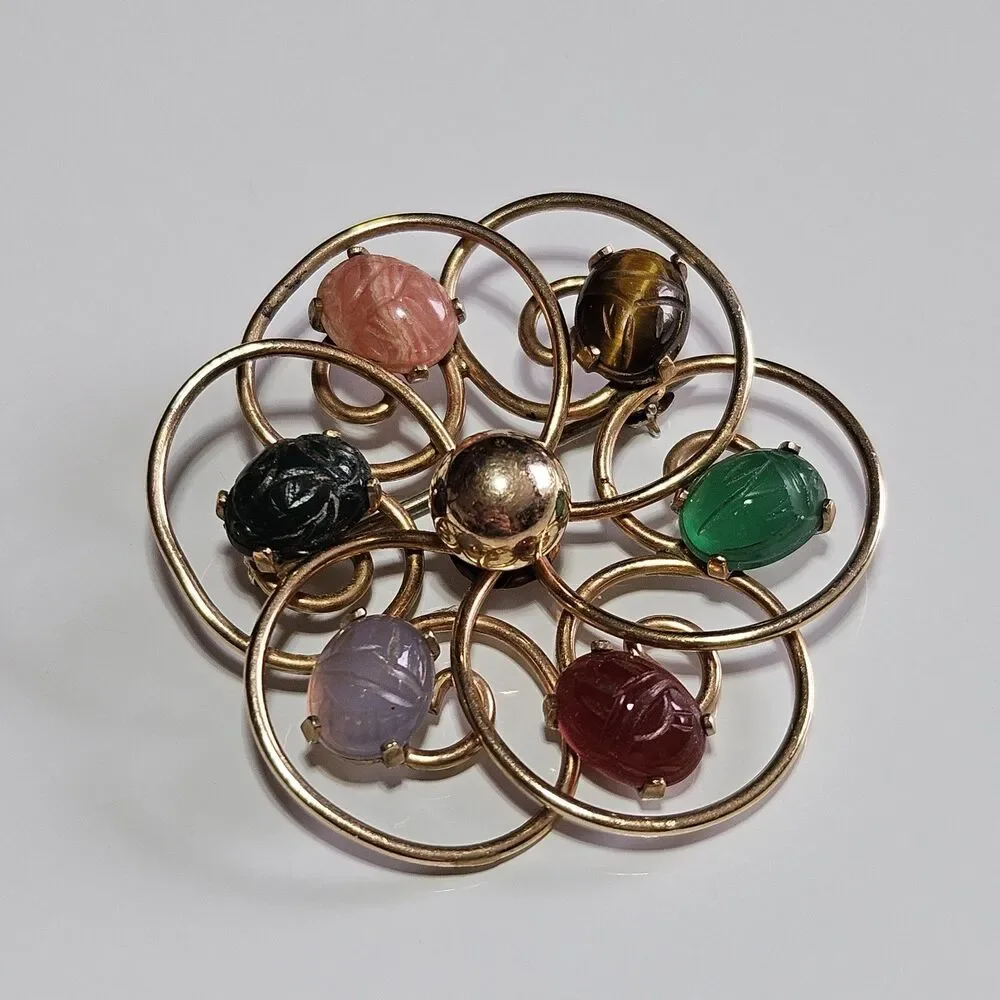 Van Dell Vintage 12K Gold Filled Carved Gemstone Scarab Beetle Gemstone Brooch